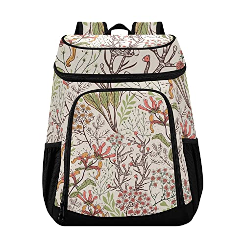 susiyo Hand Drawn Plants and Floral Insulated Cooler Backpack, Large Capacity 30 Cans Lunch Cooler Bag for Picnic Travel