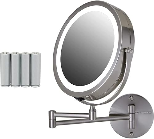 OVENTE Espejo de maquillaje iluminado de 8.6 pulgadas, lupa 1X y 7X, LED redondo ajustable de doble cara, extensible, brazo retráctil y plegable,