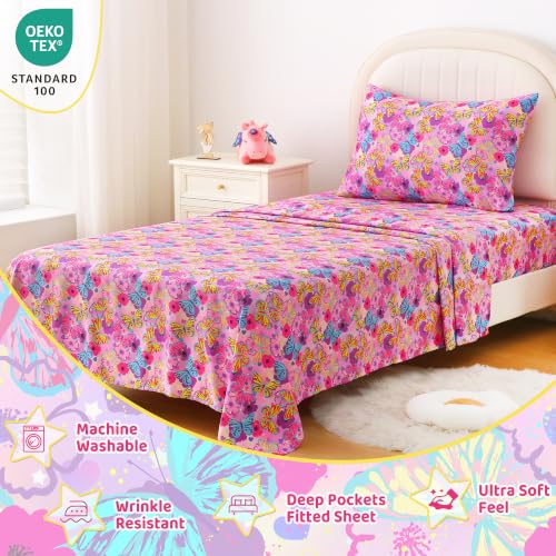 Image of Viviland 3 Pieces Girls Butterfly Twin Sheet Set - Soft Microfiber Fitted Flat Sheets & Pillowcase Bed Sheet Set - Pink Butterfly Bedding Sets for Kids