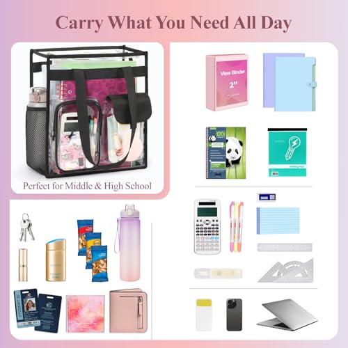 Image of PACKISM Clear Tote Bag for School - Large Heavy Duty Clear Tote for Girls | See Through PVC, Wide Zipper Opening, Front Pocket Keeps Essentials Visible for Students, Class, Work, Daily Carry, Age 12+
