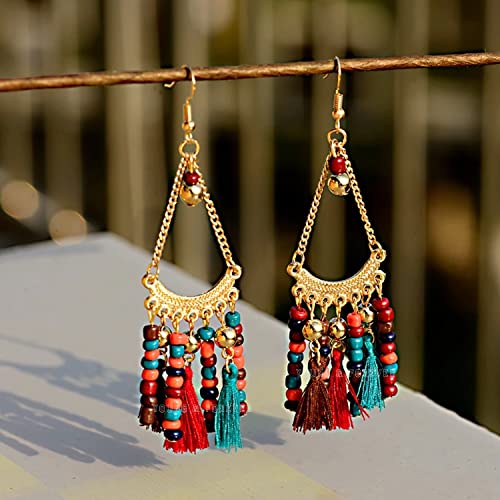Image of Young & Forever Gift Boho Carnival Sea Island Long Tassel Earrings Handmade Beaded Bohemian Women Statement Beads Dangle Earrings Ethnic Jewelry Fringe Earrings