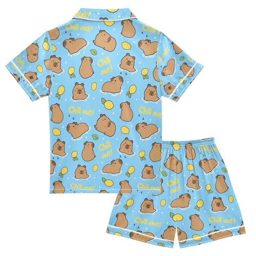 senya Chill Out Capybara with Lemon Satin Summer Pajama Sets Silk Short Sleeve Button Down Sleepwear2