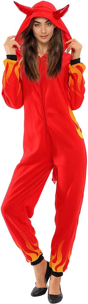 ReneeChoDevil Adult Onesie Pajamas Halloween Demon in Fire Costume Red Jumpsuit Women