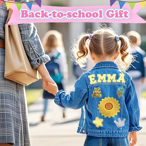 Personalized Denim Jacket for Kids with Name Patches| Custom Toddler Girls Clothes| Back to School Outfit| Jean Jacket Birthday Gifts for Toddlers Girls Boys 1-84