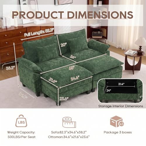 Image of IPKIG 82.3 inch Modular Cloud Couch with Storage, U Shaped Sectional Sofa with Ottoman & Pillow, Chenille Deep Seat Sectional Couches for Living Room, Apartment, Green