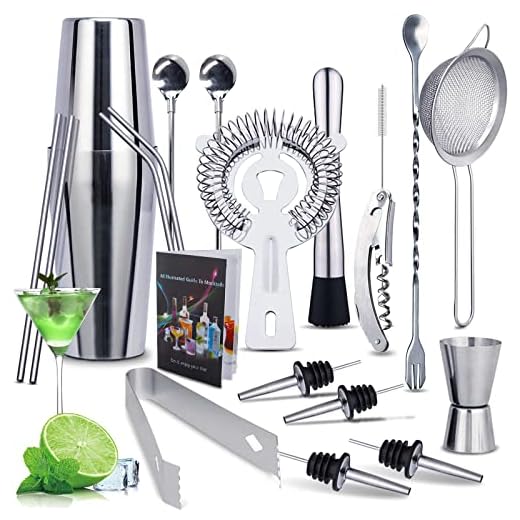 MAISITOO Coctelera,Juego de Mezcla de cócteles,de 20 Piezas para Barman,Cocktail Kit de Acero Inoxidable con Agitadores 750ml,Colador,Manual de cócteles,Bar,Hogar
