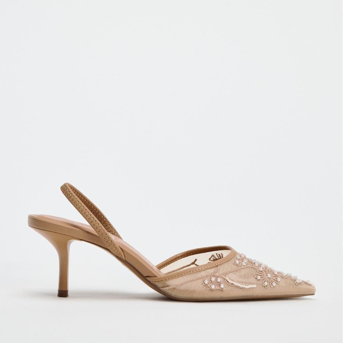 Zapatos de tacón de Aguja con Tira Trasera y Lazo para Mujer, Tacones de Gatito con Cuentas Bordadas de Malla y Punta Puntiaguda, Zapatos de Fiesta Nupcial para Boda,1 Beige,37 EU