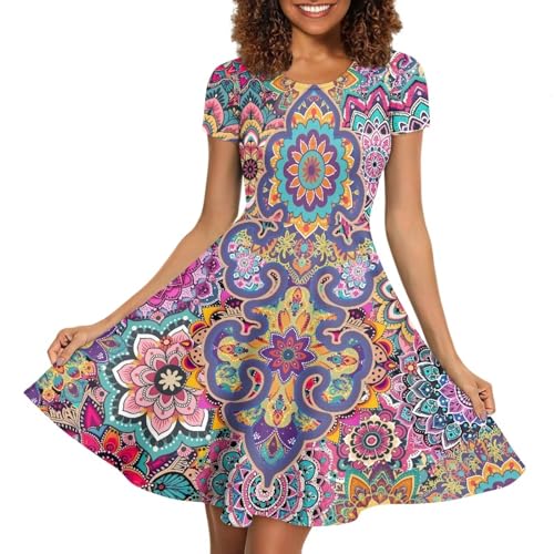 Image of HUGS IDEA Womens Puffy Swing Midi Dress Round Neck Short Sleeve Party A-Line Dresses
