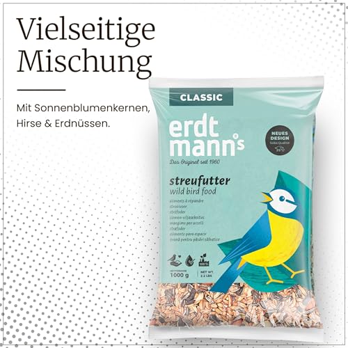 Erdtmanns Streufutter für Wildvögel – Futtermischung mit Sonnenblumenkernen, Hirse & Getreide – energiereiches Vogelfutter für Ganzjahresfütterung – für Garten, Balkon & Futterhaus (10 kg)