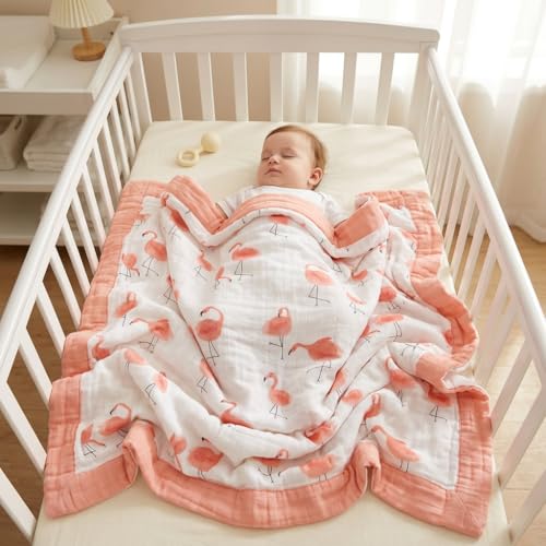 Image of Little Jump Flamingo Baby Blanket - Silky Soft and Breathable Muslin Blankets Baby Girl Quilts- Large 47 inch x 47 inch - 2 Layers Toddler Bed Blanket (Flamingo)