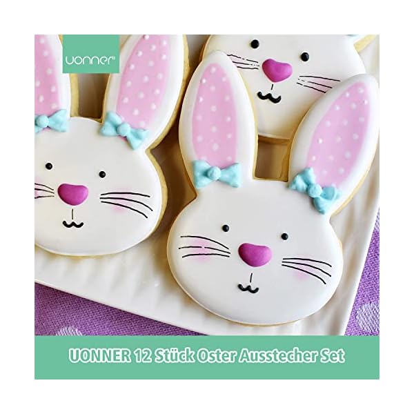 UONNER Cortador de galletas de Pascua, 12 unidades, cortador de galletas de Pascua, conejo, cabeza de conejo, zanahoria, polluelo, huevo, narciso, hoja, mariposa, cruz - Imagen 9