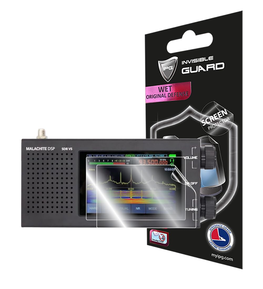 IPG Hydrogel Screen Protector applied to a Malachite Radio DSP SDR V5, showing the clear, invisible protection.