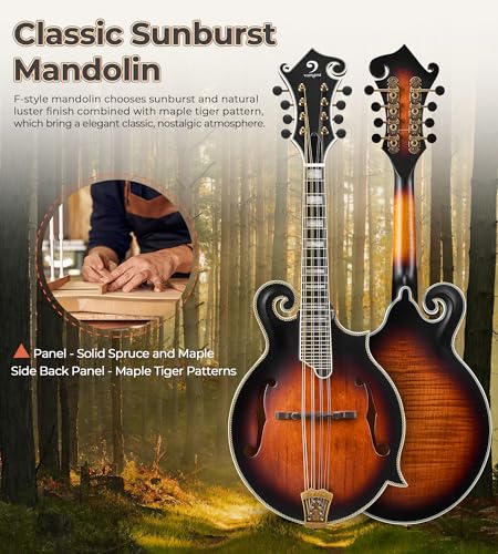 Image of Vangoa F-Style Mandolins Instrument, Solid Spruce and Maple, 29-Fret, Ebony Fingerboard and Bridge, 8 String Acoustic Mandolin, for Beginner Adults and the higher stages players, Classic Sunburst