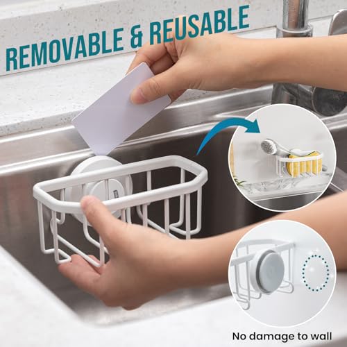 Image of TAILI White Sponge Holder for Kitchen Sink with Strong Suction Cup | Dish Sponge Caddy Inside Sink Removable, Rustproof Aluminum for Sponges, Brushes, Stoppers and Scrapers