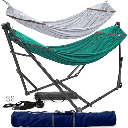 Image of Tranquillo Combo x2 Hammocks with Stand for Outside & Tree Straps, Heavy Duty Hammock with Stand 600lbs for Indoor Outdoor Patio Backyard, x2 Hammocks for 2 Person (Combo - Peacock, Medium)