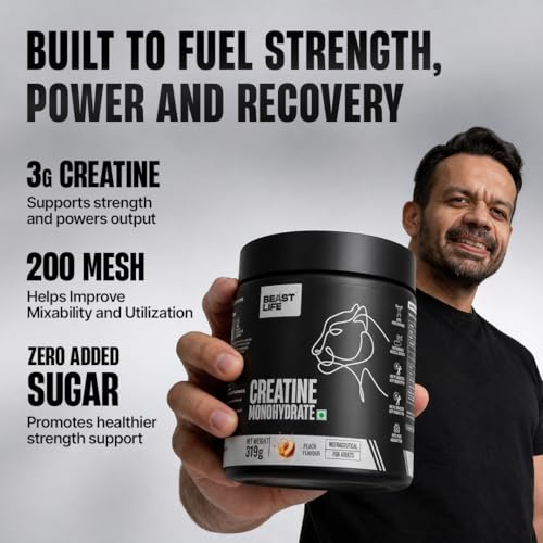 Image of BeastLife Micronised Creatine Monohydrate Powder Peach 319g |86 Servings |NABL Lab Tested | Rapid Absorption for Muscle Strength & Athletic Performance