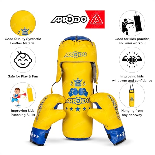 Image of Aprodo Pack of 4 Kids Boxing Kit Set | Punching Bag for Karate | Bounce-Back Martial Arts Bag for Boys & Girls for Age 3 4 5 6 7 8 Years to Relieve Energy and Build Skills (Yellow-Blue)
