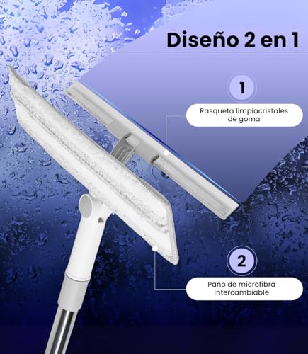 Miniatura 3 de Innoovee Limpiacristales Telescópico 2 En 1, Mango Extensible 136 Cm, Cabezal 180 , Goma De Silicona Y Microfibra Reutilizable, Para Ventanas, Azulejos, Espejos, Baño Y Coche, Incluye Gancho