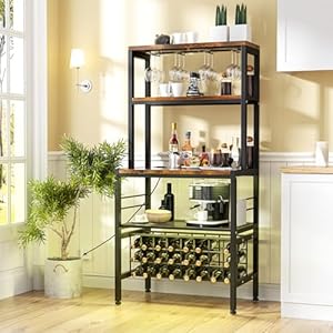 Industrial Wine Bakers Rack with Power Outlet and LED Strip, Multifunctional Wine Rack Table, Wine Bar Cabinet with Wine Storage Glasses Holder Bottle Shelf, Bar Stand for Liquor and Glasses