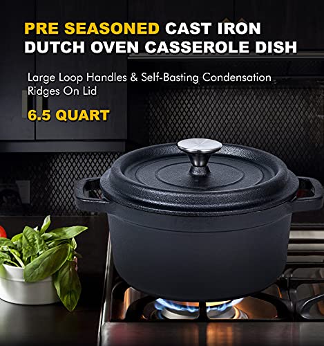 Bruntmor 5.2 Quart Pre-Seasoned Cast Iron Dutch Oven with Lid and Handles - Versatile Black Cast Iron Skillet - Shallow Cookware for Casseroles and Braising Dishes - Works with Induction Stovetops