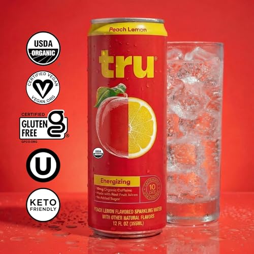 Image of Tru Organic Energy Drink, Caffeinated Sparkling Water with Real Fruit Juice, Peach Lemon Flavored Seltzer, Natural Caffeine, No Added Sugar, Keto, Vegan, Kosher, Gluten Free, 12 Fl Oz (Pack of 12)
