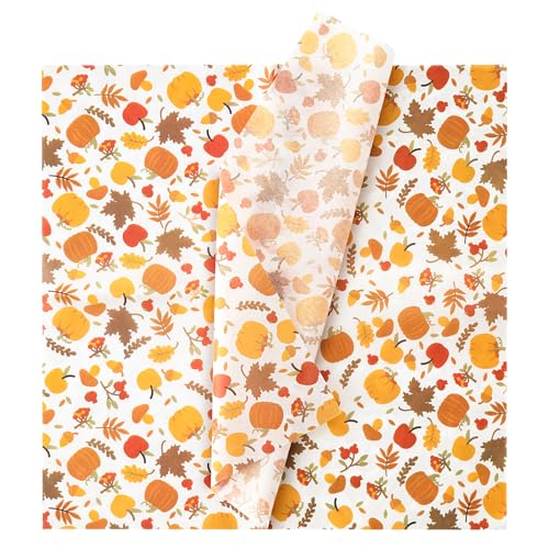 Simetufy Fall Tissue Paper for Gift Bags, Light Pumpkin Pattern 24 Sheets 20 x 20 Inches Orange Tissue Paper Bulk for Gift Wrapping, Autumn, Halloween, Thanksgiving, Birthday, Holiday Decor and DIY