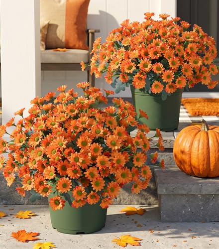 Image of HyeFlora Artificial Mums for Outdoors Fall Decor, 6 Bundles Fake Flowers UV Resistant Realistic Faux Flowers Bouquet Silk Flowers for Outside Planter Porch Patio Garden Yard Balcony Home, Orange