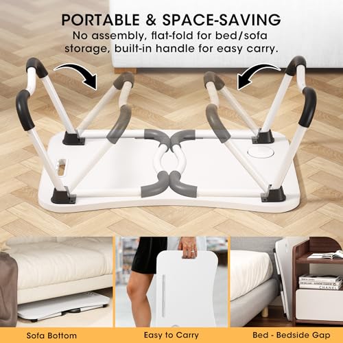 Image of Folding Lap Desk, 23.6 Inch Wood Laptop Bed Desk with Cup Holder, Portable Bed Table for Working Writing Reading, Eating for Bed, Floor, Sofa, Couch - White