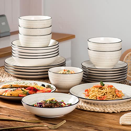 Vancasso Bonbon Beige Dinner Set, 48 Pieces Stoneware Dinnerware Set, Handpainted Spirals Pattern Ceramic Combination Set With Dinner Plates, Dessert Plates, Soup Plates And Bowls, Service For 12 #TOP6