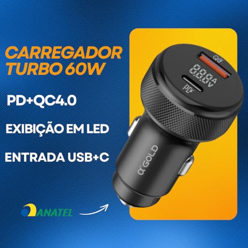 Carregador Veicular Turbo 60w Carregamento Ultrarrápido 9.1A entrada USB 3.0+Tipo C com LED PD+QC4.0