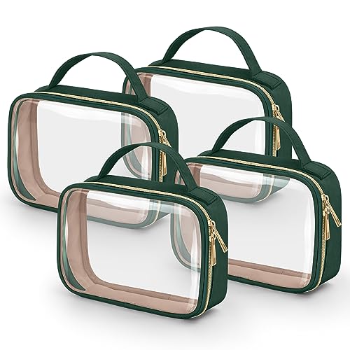 Image of Wedama TSA Approved Toiletry Bag, 4 Pack Clear Makeup Bags with Handles, Quart Size Clear Toiletry Bags, PVC Cosmetic Bags for Women and Men, Carry on Airport Airline Compliant Bag, Dark Green