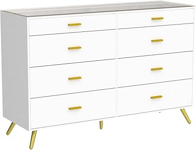 PAKASEPT White Dresser with LED Lights for Bedroom,8 Drawer Dressers with Tempered Glass Top,Chests of Drawers with 2 Grid Drawer,Storage Organizer Dresser for Hallway,Living Room