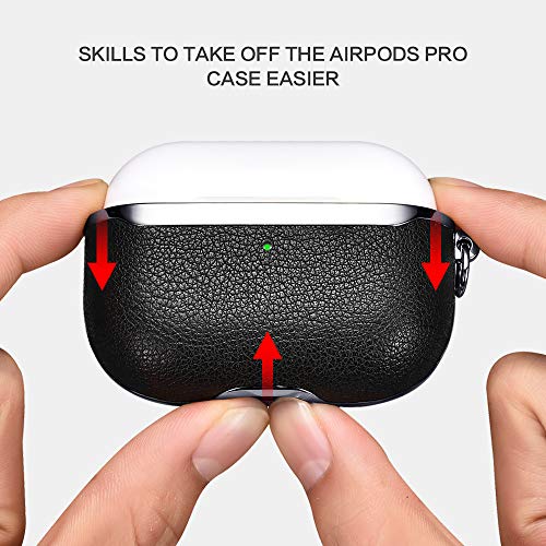 Image of AirPods Pro Case Cover, ICARERSPACE Portable Black Leather Cover Case with Carabiner for Apple AirPods Pro Charging Case [Front LED Visible] [Support Wireless Charging] - Gun Black Plated
