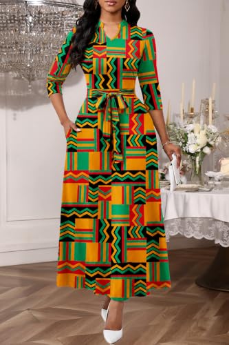 Image of BubFee Maxi Dresses for Women Semi Formal Long Dress 3 /4 Sleeve Casual A-line Church Dresses with Pockets