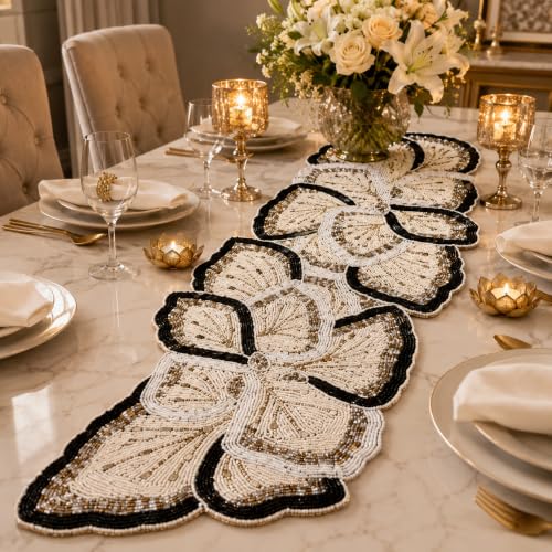Image of Cotton Beautiful Beaded Table Runner Craftsmanship Pack of 1 Measure 13 * 36 Inches Thanksgiving - Occasional Decoration, Medium, Black