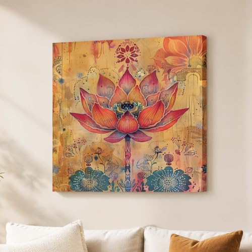 Image of PAINTINGMANTRA Floral Lotus Artwork Stretched Canvas Painting for Living Room | Botanical Lotus Pattern Wall Decor Art For Livingroom, Bedroom, Office, Hallways - 22x22 Inch