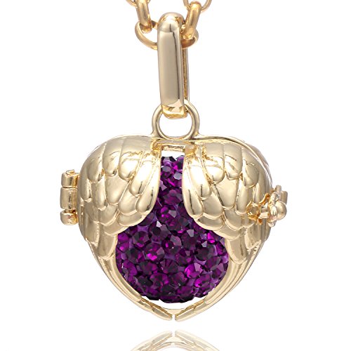 Morella Collar de Acero Inoxidable Dorado 70 cm con Colgante alas de ángel de la Guarda y Bola de resonancia de Color Lila Ø 16 mm para Damas en Bolsa para Joyas