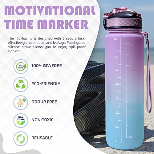 GMP.STAR 1L Water Bottle, Leak Proof with Quick Open Lid and Time Markings, 100% BPA Free, Motivational Gym, Travel - Image 3