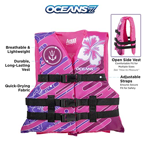 Oceans7 US Coast Guard-Approved Youth Life Jacket 50-90 lbs -Type III PFD Flexible-Fit Open-Sided Design Personal Flotation Device – Pink/Berry - Thumbnail 2