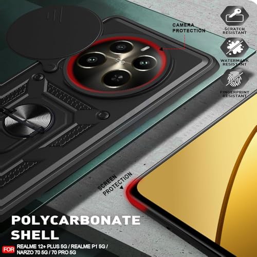 Image of AIBEX Back Cover for Realme Narzo 70x 5G / N65 / Realme 12 5G / 12X 5G / C65 5G Bumper Back Case Cover | Ring Holder & Sliding Camera Shield Cover | 360 Degree Protection Back Case Cover