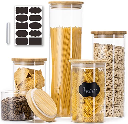 Glass Jars with Bamboo Lids, Glass Food Storage Jars with Wood Lids for Pantry, Glass Canisters Sets with Wood lid for the Kitchen, 5 Pack Glass Pantry Storage Containers with Stackable Airtight Lids