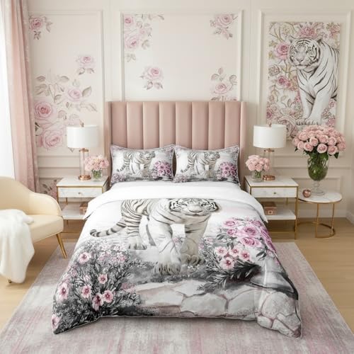 Rose Flower Tiger 100% Organic Cotton Duvet Cover Set Multicolor Floral Botanical Comforter Cover Set for Kids Children Room Wildlife Animals White Tiger Bedding Set Queen Size 3 Pcs(No Filler)