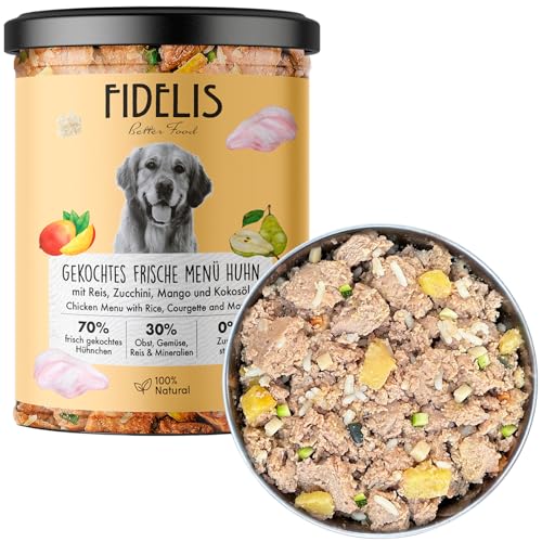 Fidelis – Gekochtes Frische-Menü Hunde mit Huhn, Reis, Zucchini & Mango (6 x 400g Glas) – Hundefutter mit 70% Fleischanteil & frischen Zutaten – Nassfutter ohne Zusätze & ungekühlt haltbar