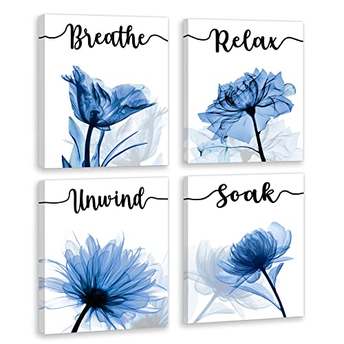 Blue Indigo Flowers Bathroom Canvas Wall Art Framed | Relax Soak Unwind Breathe Wall Art Decor | Abstract Modern Wall Painting | Waterproof Washroom | SPA Room | Woman Girl Bedroom Home Decor | 8â€ x10â€ x4 PCS (FRAMED)