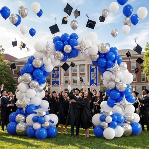 Image of Royal Blue and Silver Balloons for Graduation Party Decorations, 12In Dark Navy Blue and White Balloons with Metallic Silver Star Balloon for Graduation Father's Day Birthday Baby Shower Party Decor
