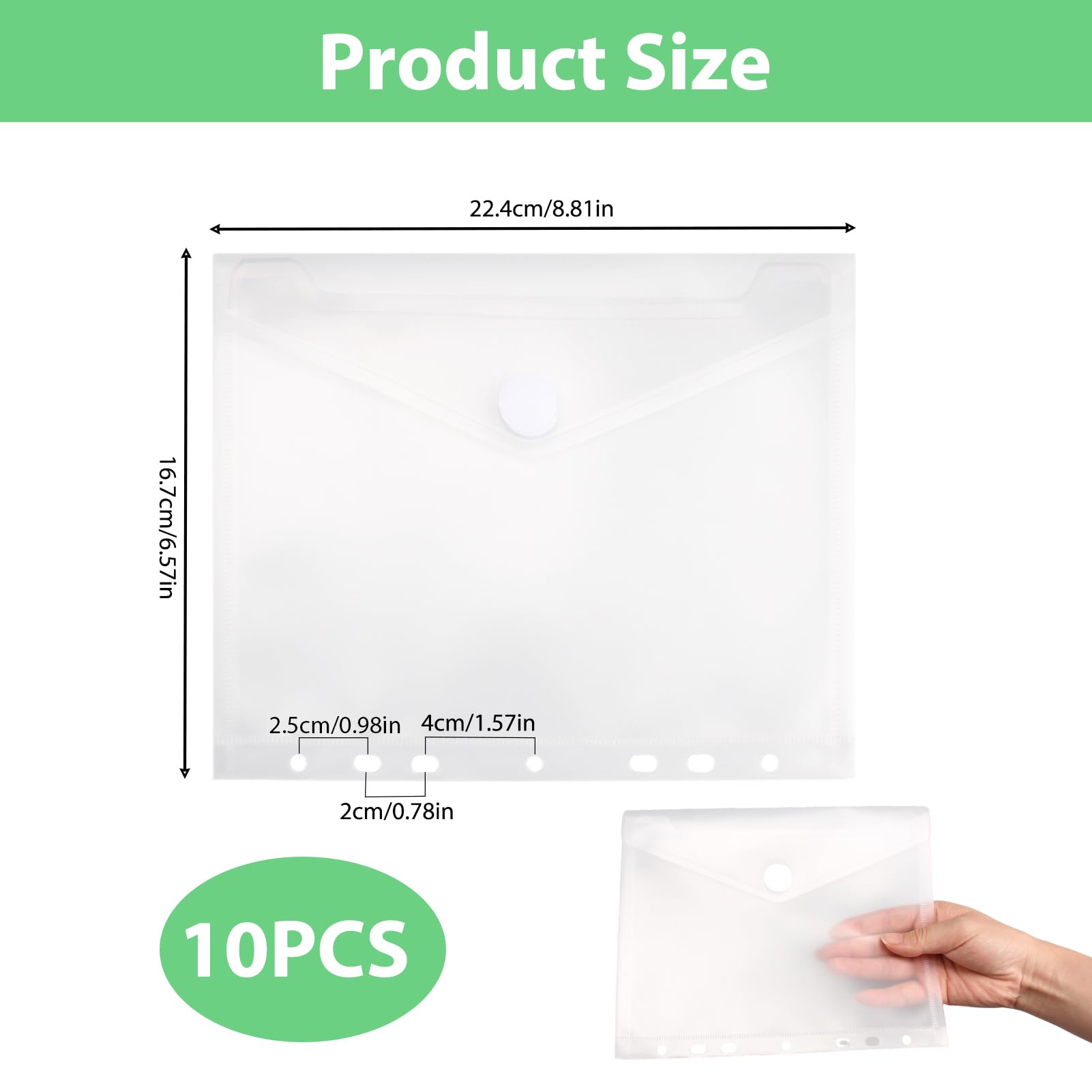 10PCS Sobres Archivador a5 con Botón, Fundas de Plástico A5 Perforadas 7 Agujeros, Funda Archivador A5 Impermeable para Documentos, Oficina Escuela Viaje 23x18cm