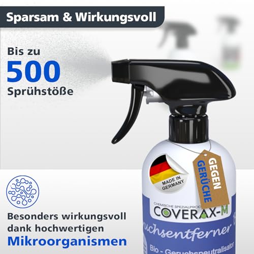 Coverax BIO Geruchsentferner mit angenehmem Duft I Enzymreiniger & Geruchsneutralisierer I Katzenurin, Hundeurin, strenge Gerüche entfernen auf Couch, Auto, Teppich I Geruchsneutralisierer Spray 500ml