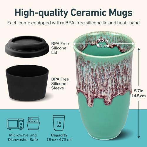 Image of NOVA CERAMICS Travel Mug On the Go Coffee Tumbler Microwave & Dishwasher Safe Green Tumbler - Gifts For Women Men Him Her 16oz Nebula
