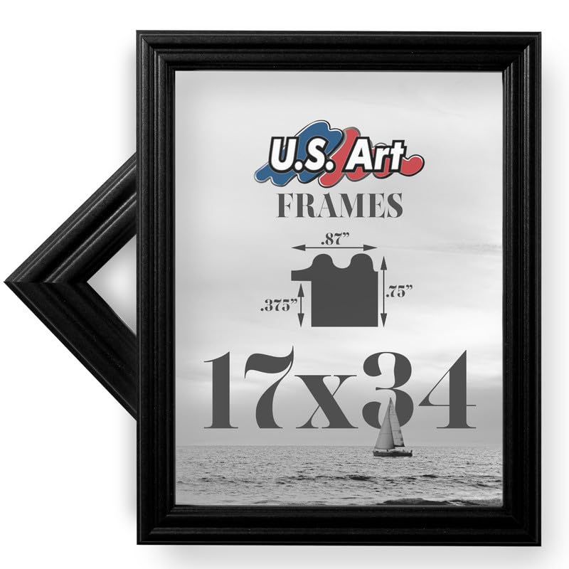 US Art 17x34 Black .75 Inch Wood Picture Frame, Solid Wood Wall Decor for Wall Art, Featuring Preinstalled Hangers, UV Filtering Shatterproof