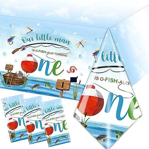 CMUSKO Ofishally One Birthday Decorations, 3Pcs Gone Fishing 1st Party Supplies Tablecloth, Little Fisherman Rectangle Table Cover for O Fish Ally Themed